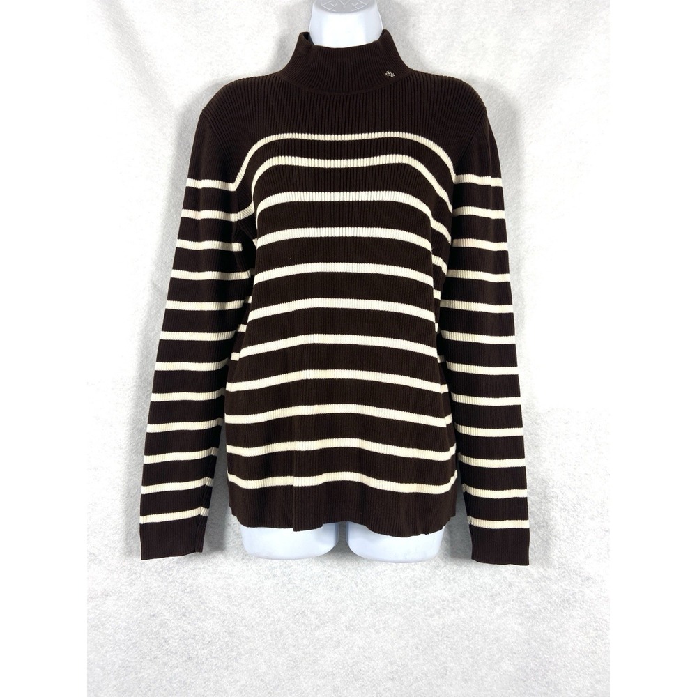 Lauren Ralph Lauren Sweater Womens XL Brown Mock Neck Striped Cotton Cozy Preppy
